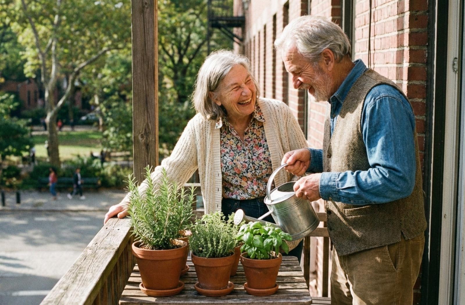 Older adults laughing and watering potted plants on a sunny apartment balcony.
