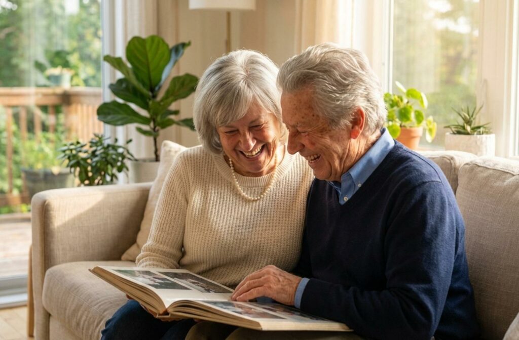 Smiling older adults relax on a sofa in a sunlit apartment, laughing while looking through a photo album in a clutter-free living space.
