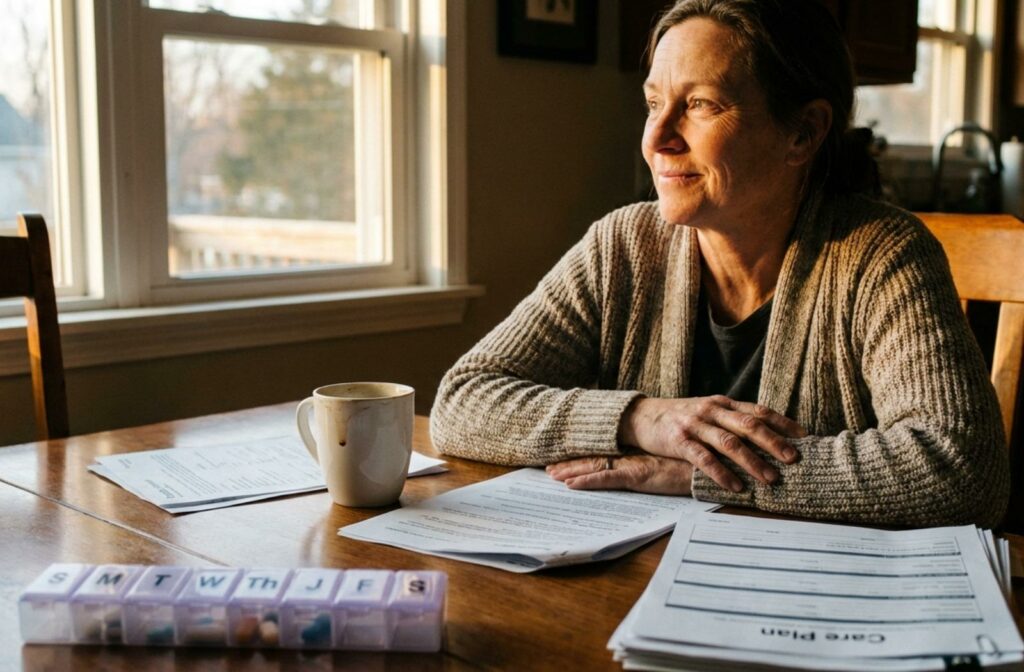 a senior sitting at a kitchen table looks out a window