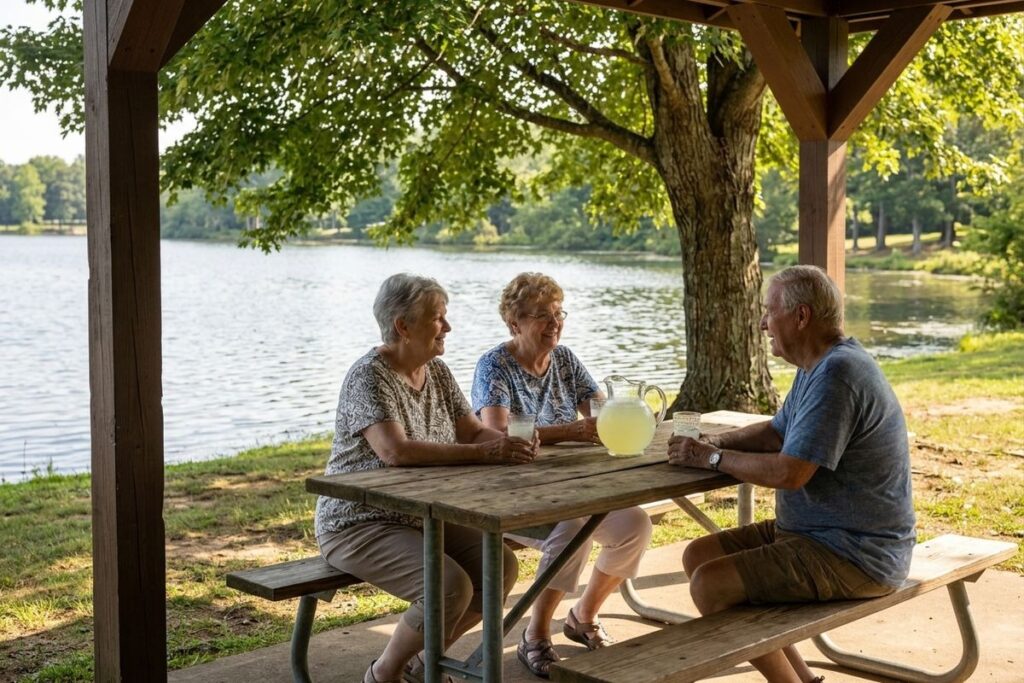 Three older adults sit smiling at a picnic table under a pavilion by a lake, with a pitcher and glasses of yellow drink.