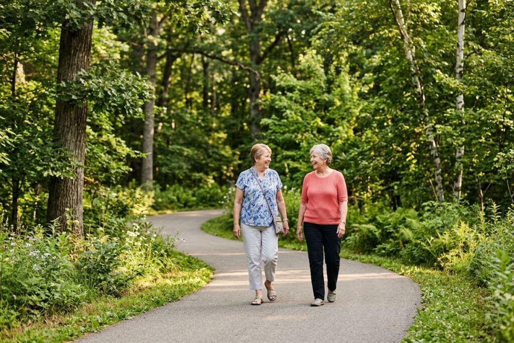 Two older adults smiling at each other while walking on a paved path through a green forest.