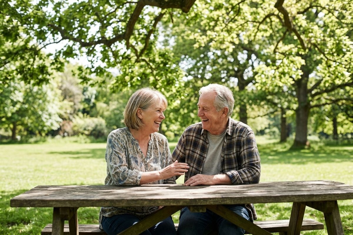 Two seniors chat at a wooden picnic table in a park under green trees, looking at each other and laughing.