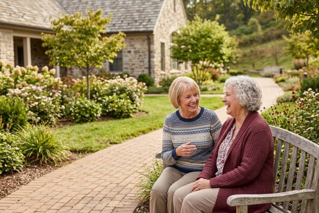 Two smiling seniors sit on a wooden bench along a brick pathway in a garden, talking to each other outside a stone building.